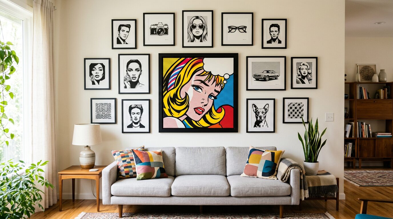 Galerie murale avec plusieurs tableaux pop art disposes autour d'une piece centrale colore