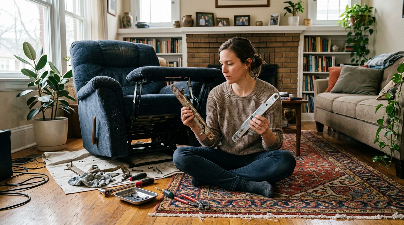Réparer ou remplacer un fauteuil relax Personne évaluant des pièces usées d'un fauteuil relax avant de décider de réparer ou remplacer