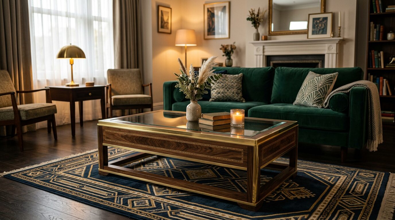 Contraste de matières table basse art déco Table basse art déco associant bois sombre, laiton et verre
