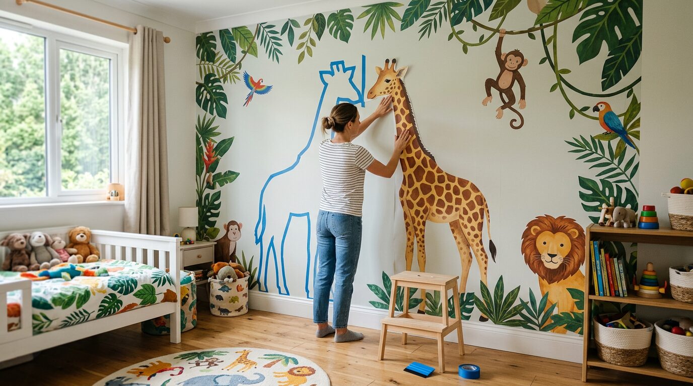 Pose sticker mural jungle Sticker mural jungle en cours de pose avec une raclette de lissage au sol