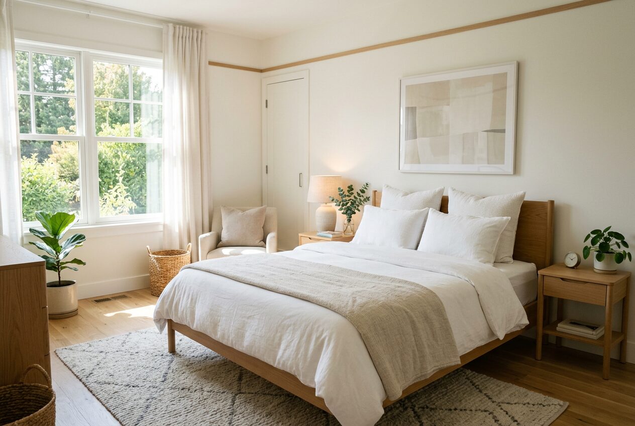 Choisir un matelas pour sa chambre Chambre lumineuse avec un lit habillé de linge blanc et un matelas épais