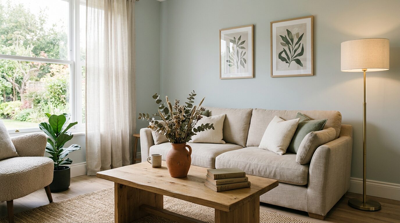 Salon aux murs bleu céladon avec canapé en lin beige et table en chêne clair