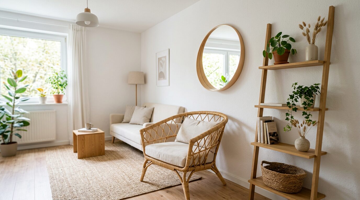 Petit salon style bohème scandinave Petit salon bohème scandinave optimisé avec miroir et fauteuil rotin compact