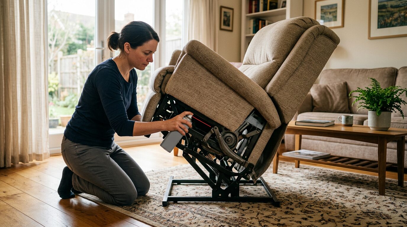 Lubrifier le mécanisme d'un fauteuil relax Lubrification du mécanisme de bascule d'un fauteuil relax manuel dans un salon