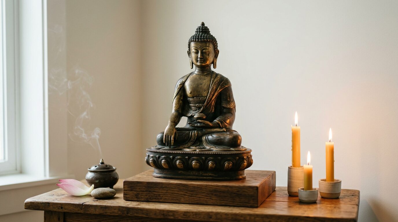 Statue de bouddha surelevee sur un socle en bois dans un espace degage