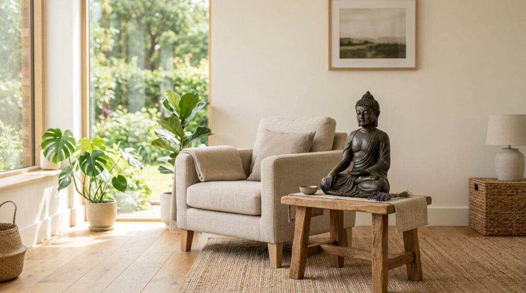 Statue de bouddha assis en meditation posee sur une table basse dans un salon epure