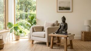 Statue de bouddha assis en meditation posee sur une table basse dans un salon epure