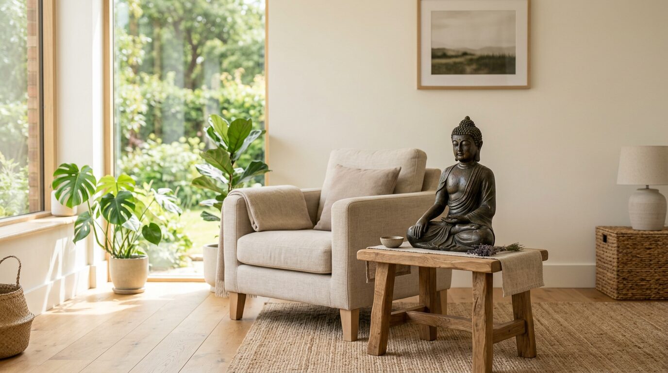 Statue de bouddha assis en meditation posee sur une table basse dans un salon epure