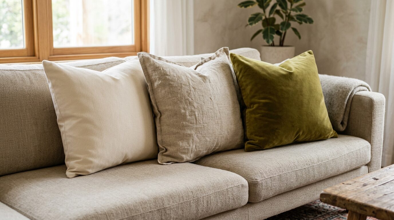 Comparaison de textures coton lin velours sur coussins Trois coussins en coton, lin et velours posés côte à côte sur un canapé beige