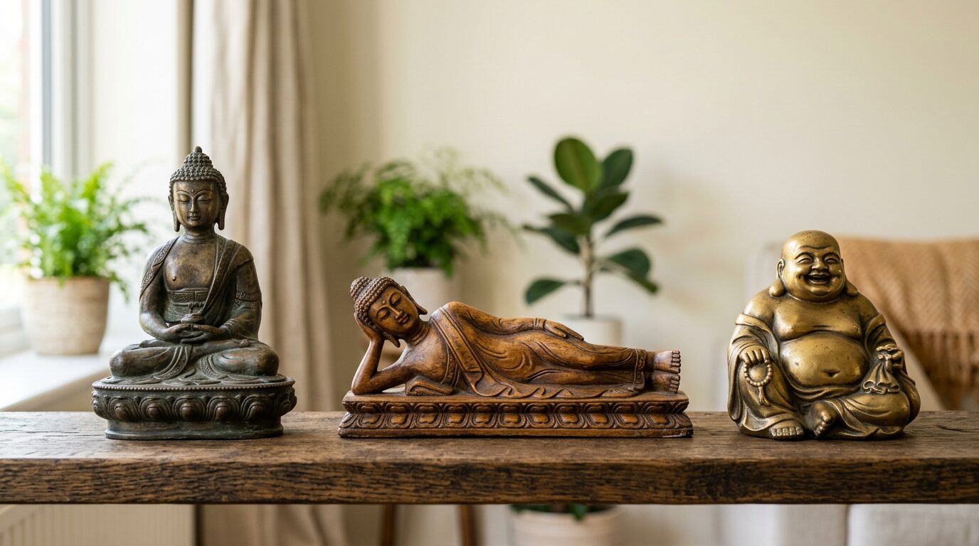 Plusieurs styles de statues de bouddha presentes cote a cote sur une etagere
