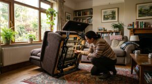 Personne inspectant le mécanisme sous un fauteuil relax manuel incliné dans un salon