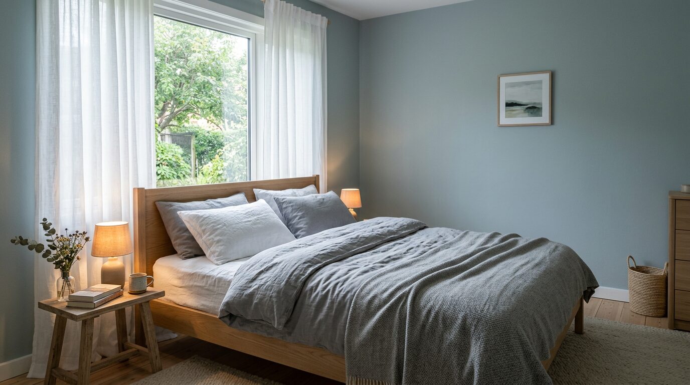 Chambre céladon dans une lumière froide Chambre aux murs bleu céladon éclairée par une lumière naturelle froide