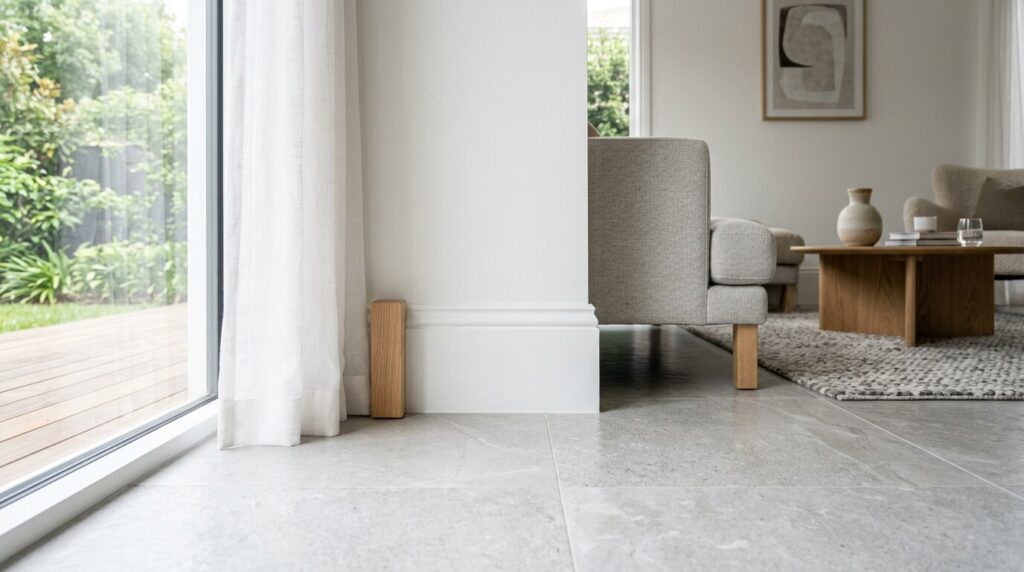 Plinthe bois blanche sur sol carrelé gris dans un salon Plinthe en bois peinte en blanc sur un sol carrelé gris clair dans un salon lumineux