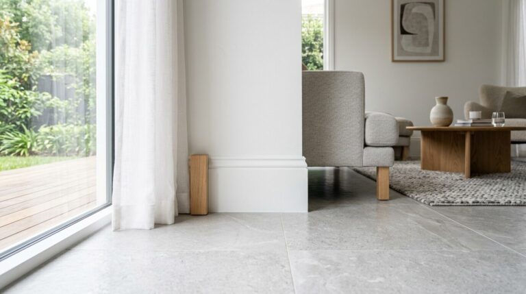 Plinthe bois blanche sur sol carrelé gris dans un salon Plinthe en bois peinte en blanc sur un sol carrelé gris clair dans un salon lumineux
