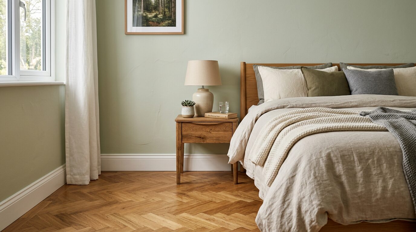 Plinthe en bois peinte dans une chambre avec parquet Plinthe en bois peinte en blanc le long d'un mur vert sauge dans une chambre avec parquet chêne