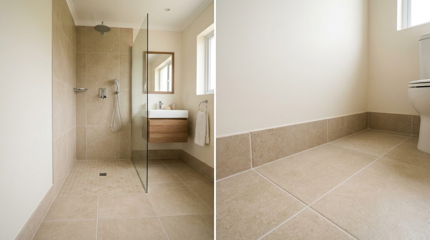 Plinthe carrelage assortie dans une salle de bains Plinthe en carrelage assortie au sol beige dans une salle de bains avec douche