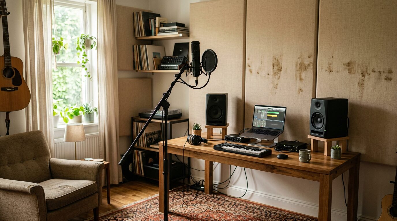 Panneaux acoustiques et pièce de musique Pièce de musique avec panneaux acoustiques en tissu beige, micro sur pied et enceintes de bureau