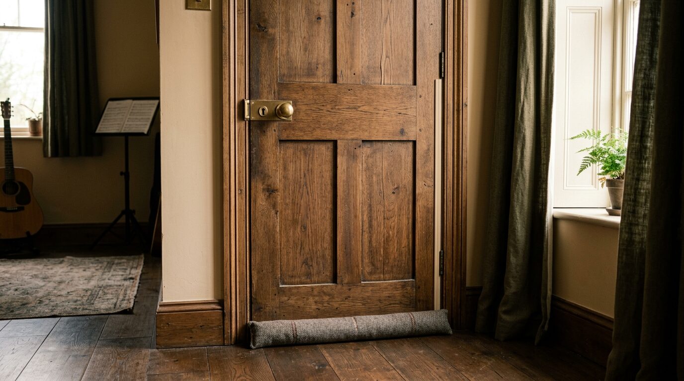 Porte pleine avec joints d'étanchéité Porte pleine en bois équipée de joints d'étanchéité à côté d'une fenêtre aux rideaux épais