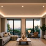 Faux plafond lumineux LED salon gorge et spots Salon moderne avec faux plafond lumineux LED, gorge périphérique et spots encastrés