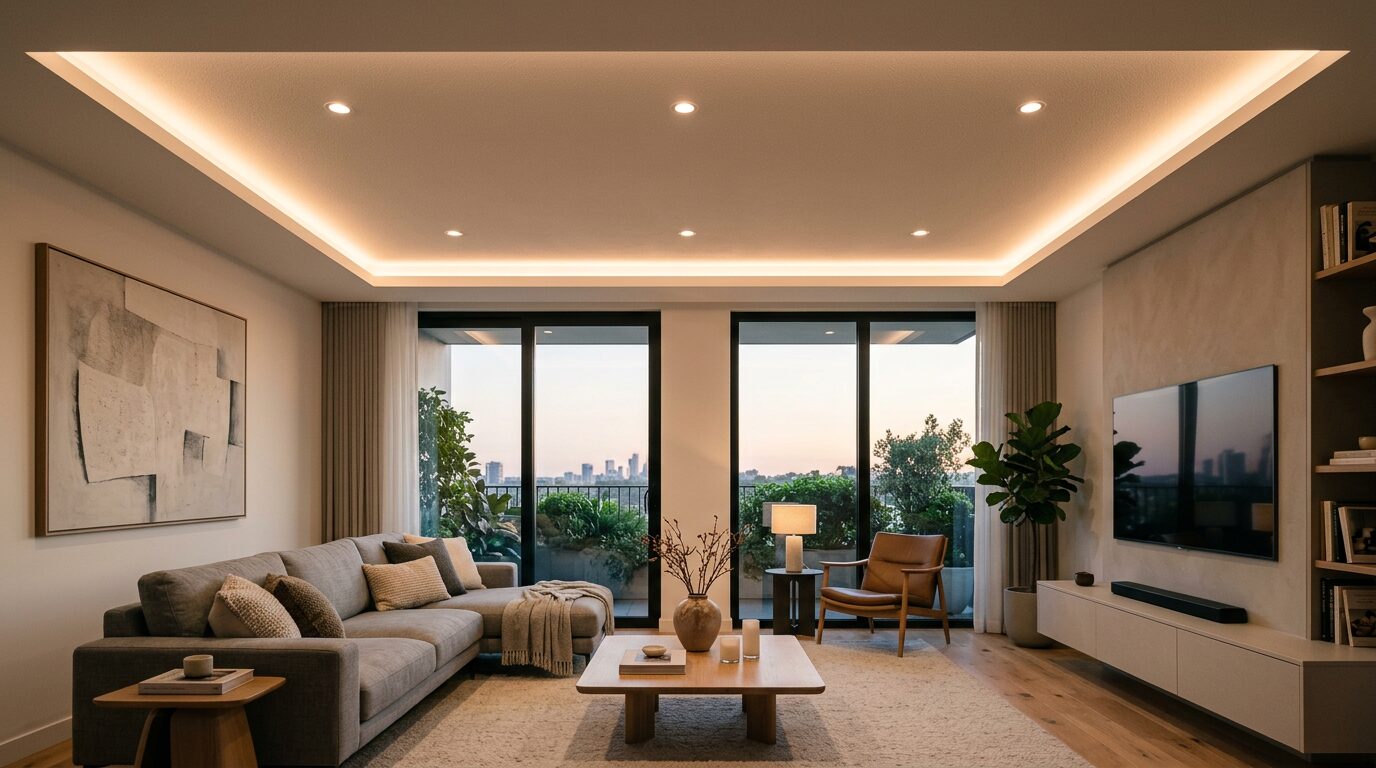 Salon moderne avec faux plafond lumineux LED, gorge périphérique et spots encastrés