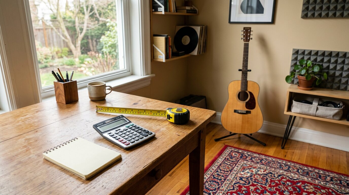 Planifier le budget d'insonorisation Bureau avec carnet, calculatrice et mètre pour chiffrer l'insonorisation d'un coin musique