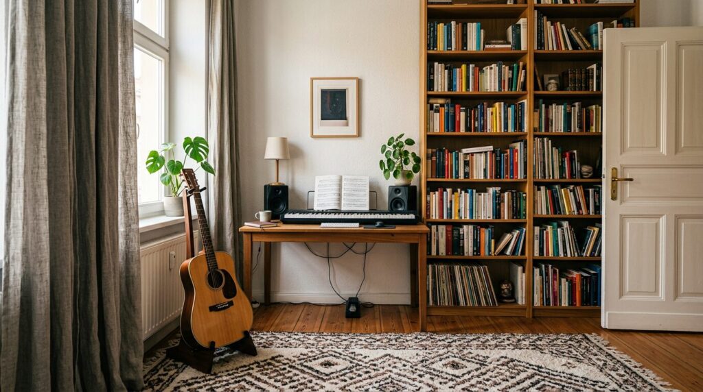 Pièce de musique insonorisée en appartement Coin musique d'un appartement avec guitare, clavier, tapis épais et bibliothèque contre le mur