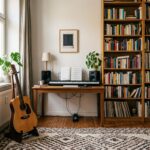 Pièce de musique insonorisée en appartement Coin musique d'un appartement avec guitare, clavier, tapis épais et bibliothèque contre le mur
