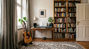 Coin musique d'un appartement avec guitare, clavier, tapis épais et bibliothèque contre le mur