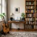 Coin musique d'un appartement avec guitare, clavier, tapis épais et bibliothèque contre le mur