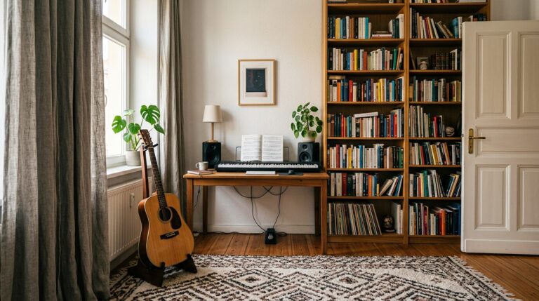 Pièce de musique insonorisée en appartement Coin musique d'un appartement avec guitare, clavier, tapis épais et bibliothèque contre le mur