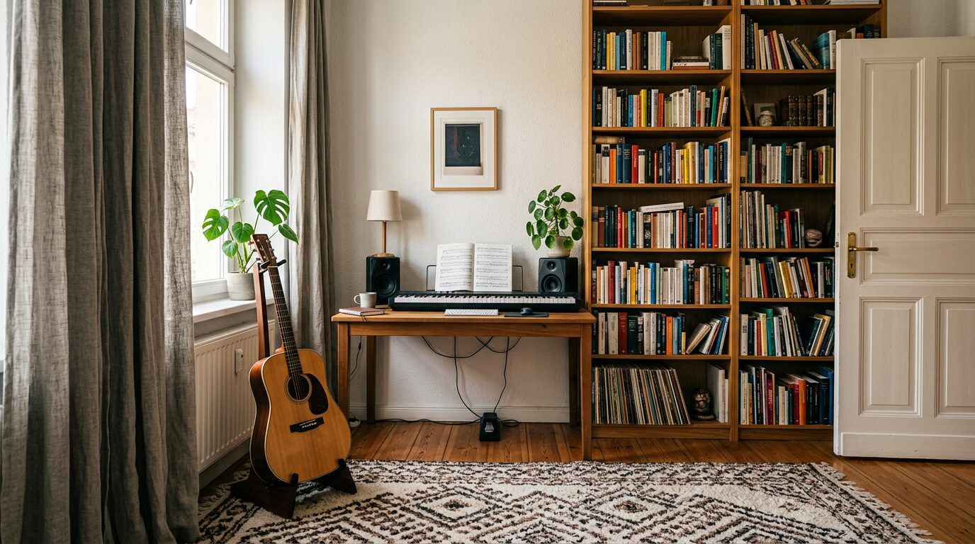 Pièce de musique insonorisée en appartement Coin musique d'un appartement avec guitare, clavier, tapis épais et bibliothèque contre le mur