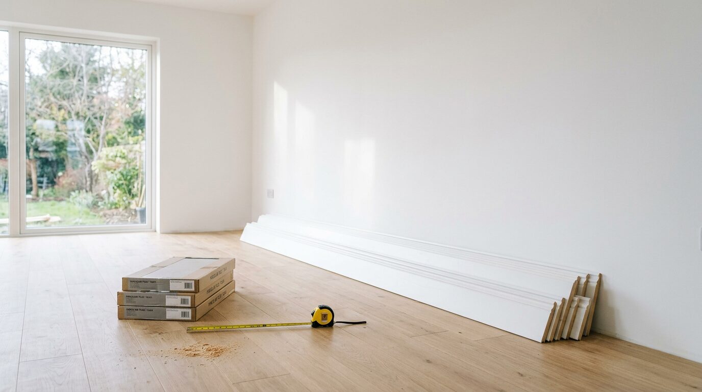 Plinthes prêtes à poser dans une pièce en rénovation Lames de plinthes blanches posées contre un mur dans une pièce en rénovation avec cartons de carrelage