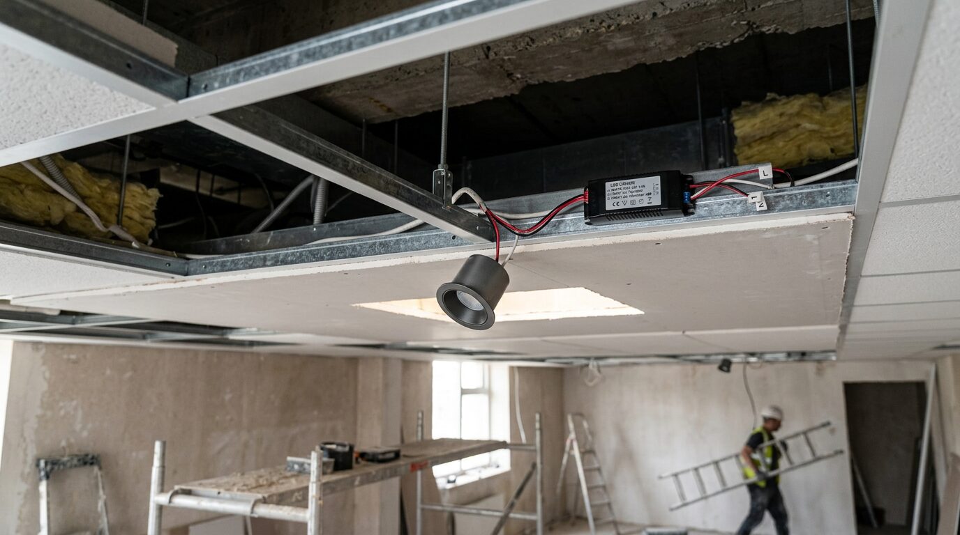 Chantier faux plafond spot et driver accessible Ossature métallique d'un faux plafond avec spot encastré et boîtier driver accessible