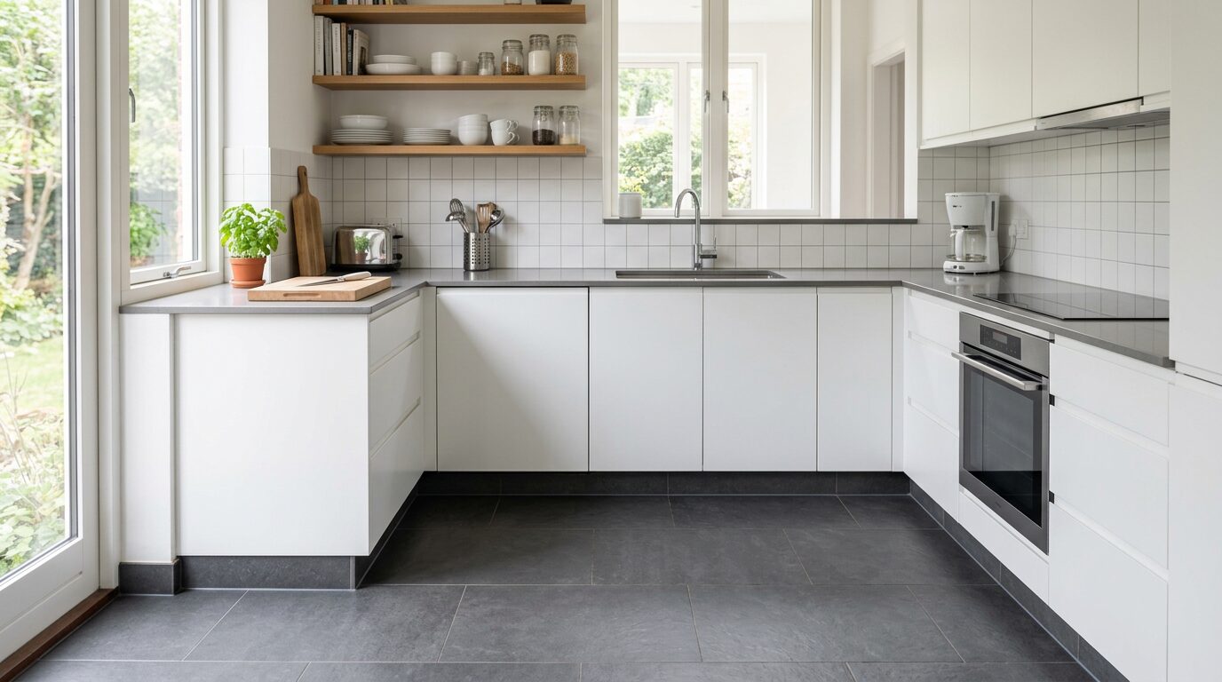 Cuisine moderne avec plinthe carrelage gris foncé Cuisine moderne avec sol carrelé gris foncé et plinthe en carrelage sous des meubles blancs