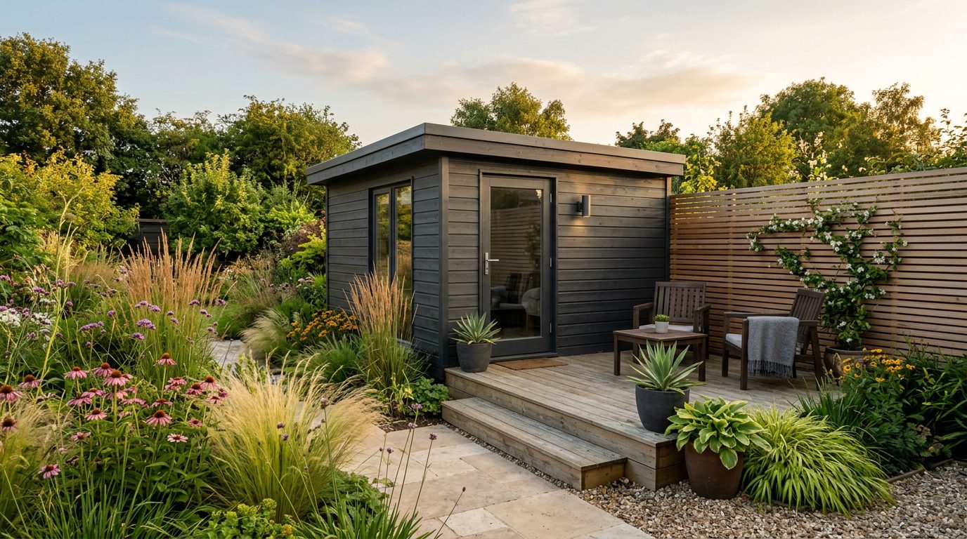Abri à toit plat intégré à la terrasse Abri de jardin à toit plat intégré à une terrasse en bois avec claustra et graminées