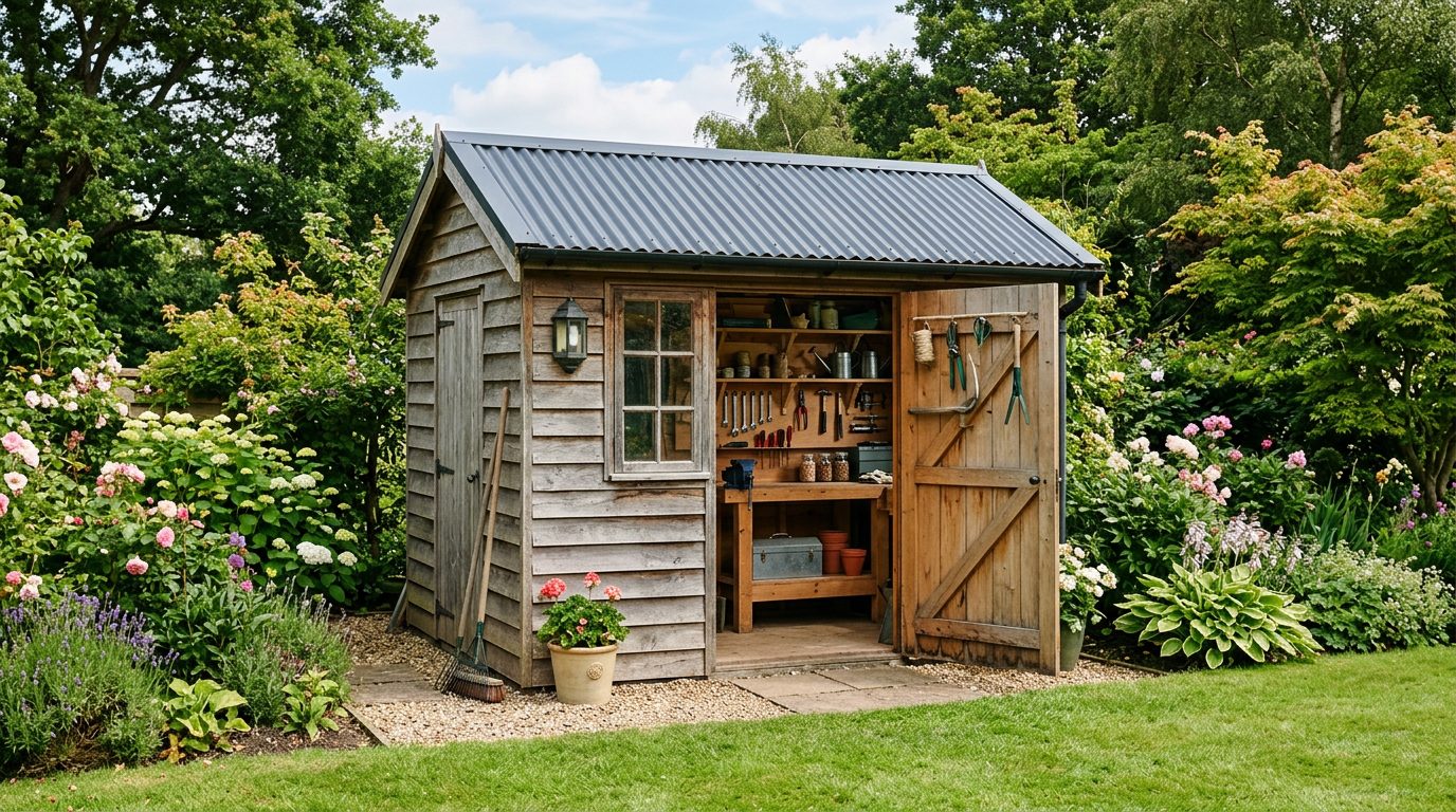 Abri de jardin avec toiture en bac acier Abri en bois à toiture monopente en bac acier, porte ouverte sur des étagères d'outils rangés