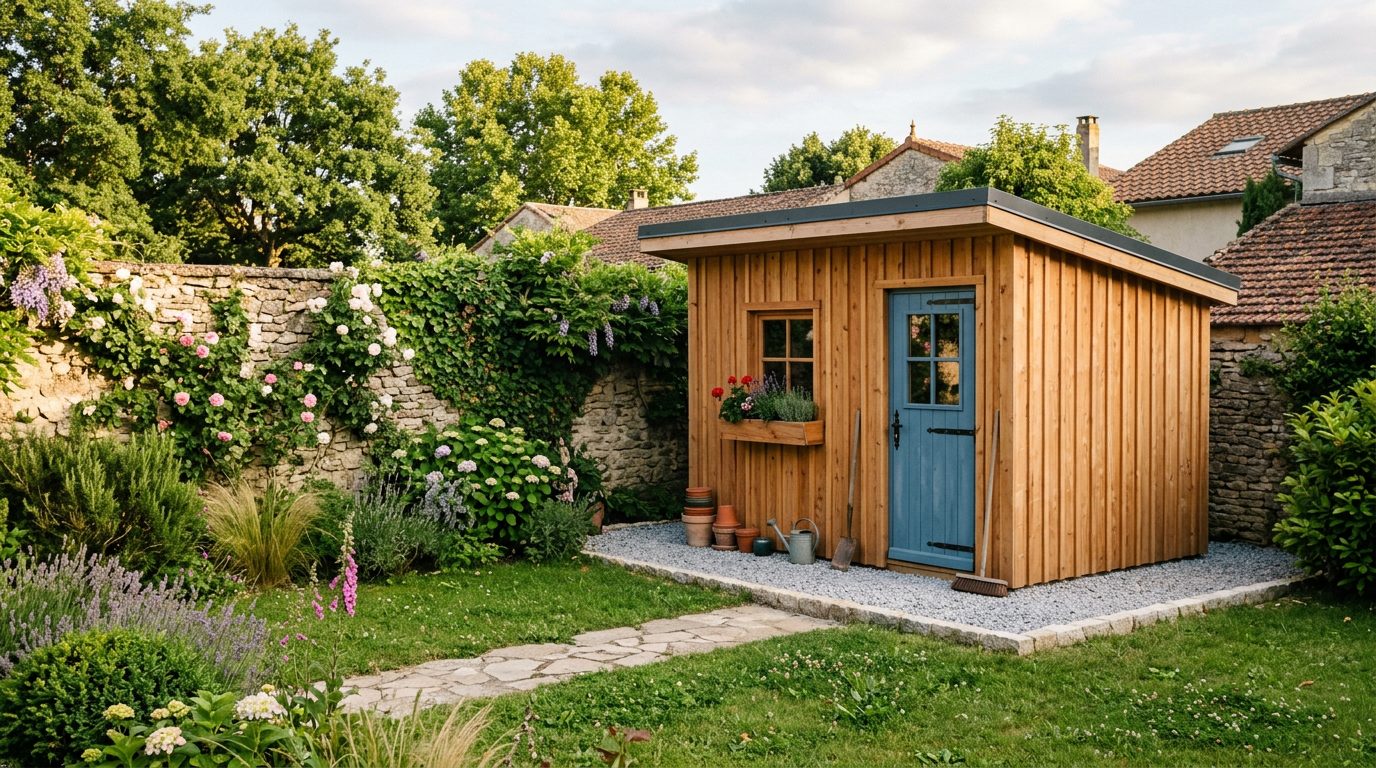 Abri de jardin en bois à toit monopente terminé au fond d'une pelouse, bordure de gravier