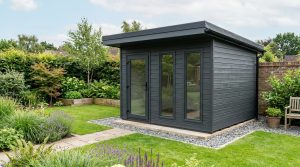 Abri de jardin anthracite à toit plat légèrement incliné posé sur une dalle dans un jardin