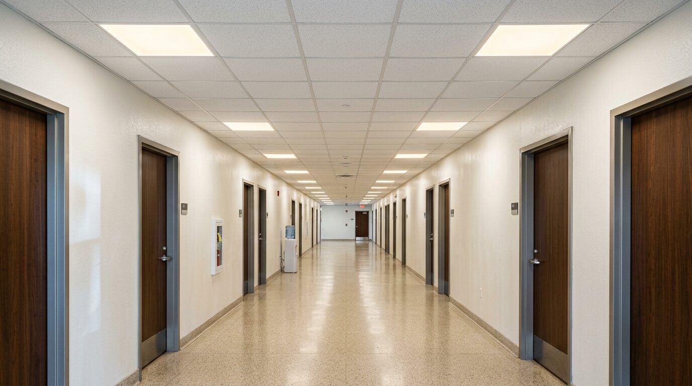 Dalles LED encastrées dans un plafond suspendu Couloir clair avec dalles LED carrées encastrées dans un plafond suspendu
