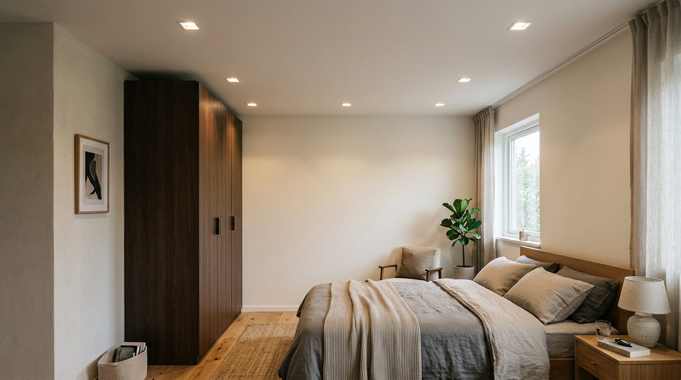 Spots extra-plats dans un plafond bas Chambre à plafond bas avec spots LED extra-plats encastrés dans le plâtre