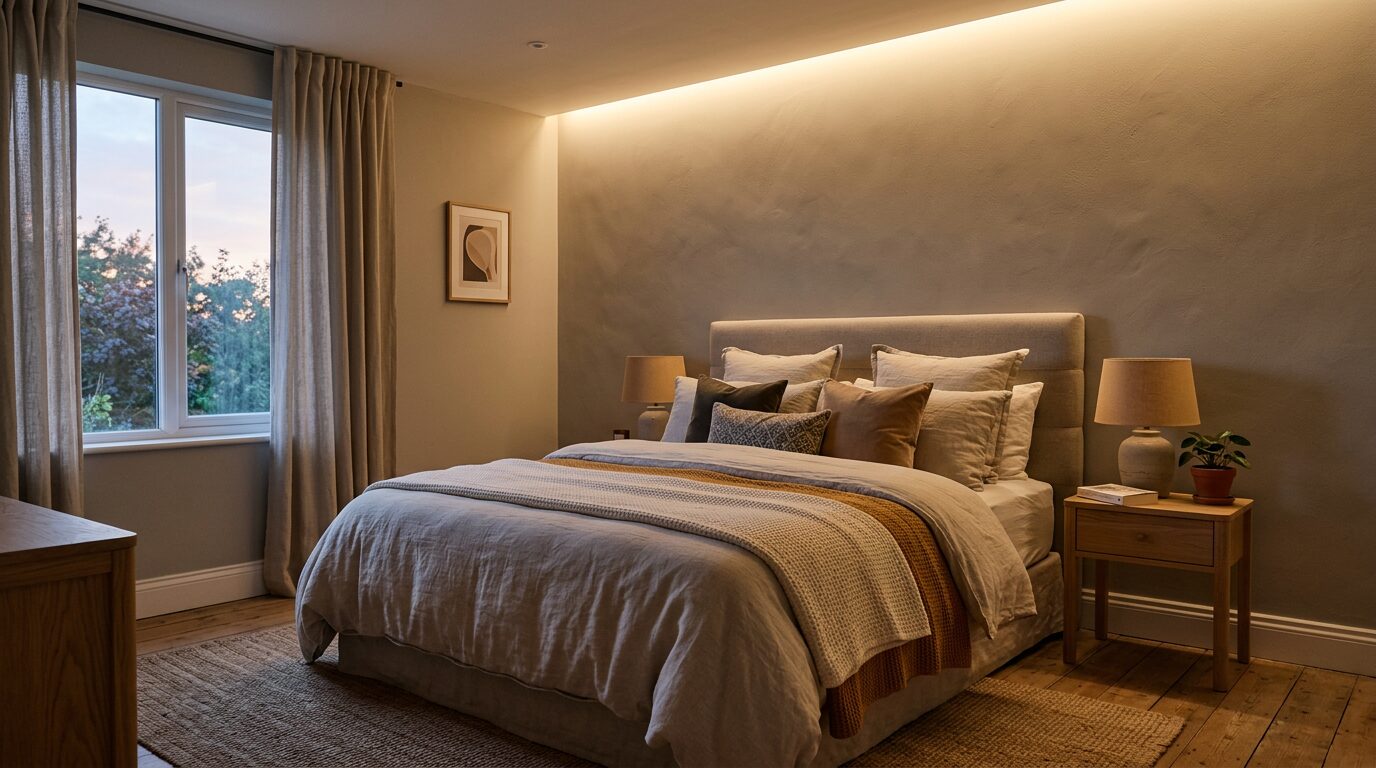 Ruban LED indirect chaud dans une chambre Chambre avec ruban LED chaud caché dans un décaissé du plafond