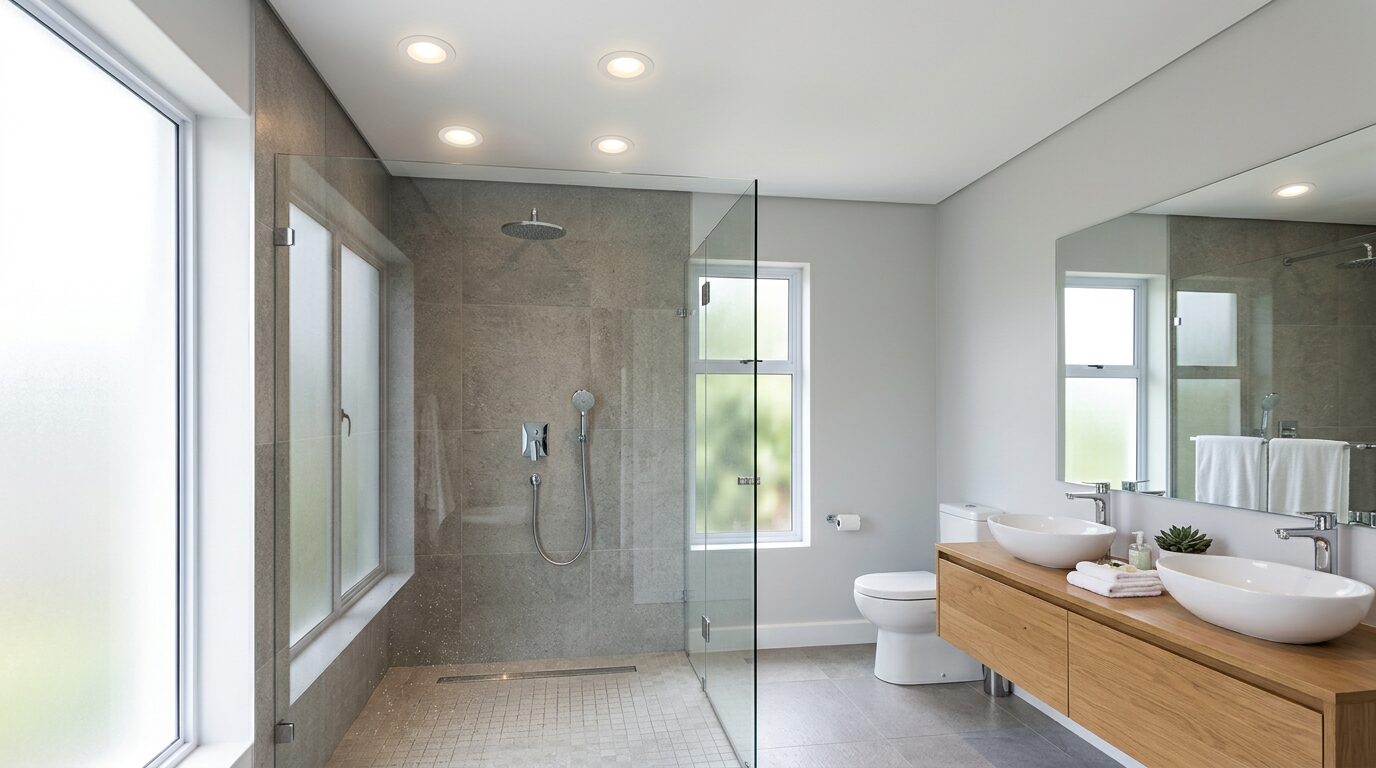 Salle de bains spots LED étanches au plafond Salle de bains moderne avec spots LED étanches encastrés au-dessus de la douche