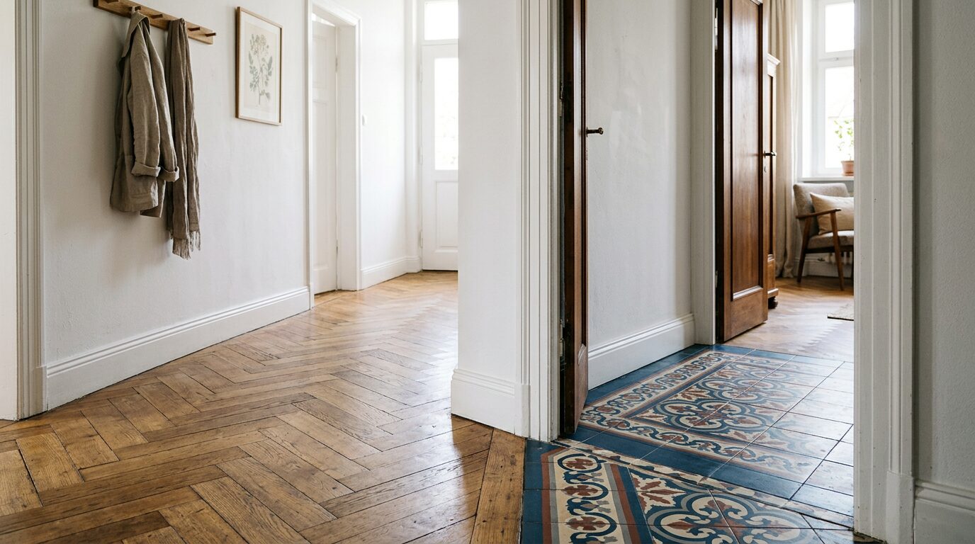 Plinthe continue entre parquet et carreaux de ciment Plinthe blanche continue au passage entre un parquet et un sol en carreaux de ciment dans un couloir