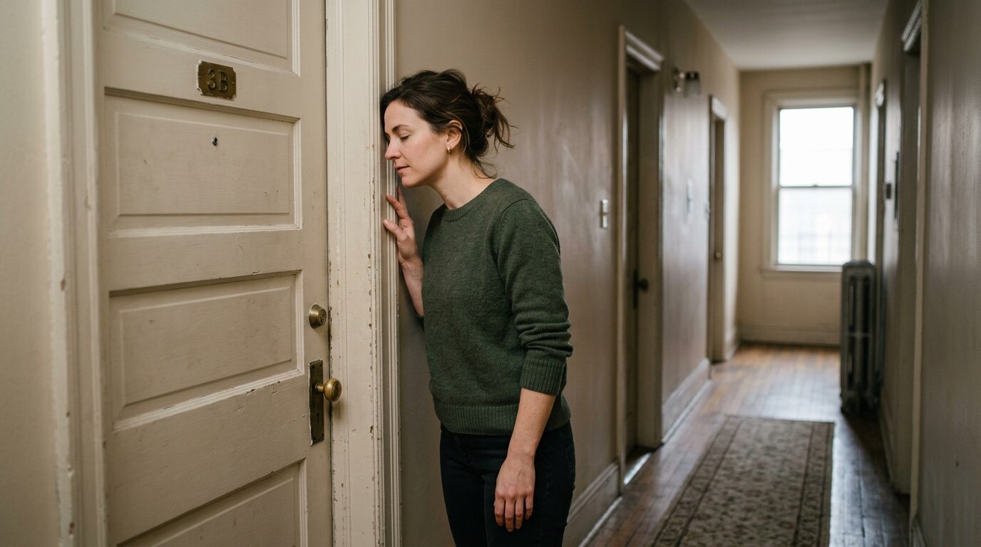 Écouter les bruits qui passent la porte Personne dans un couloir qui écoute le son filtrer à travers la porte d'une pièce