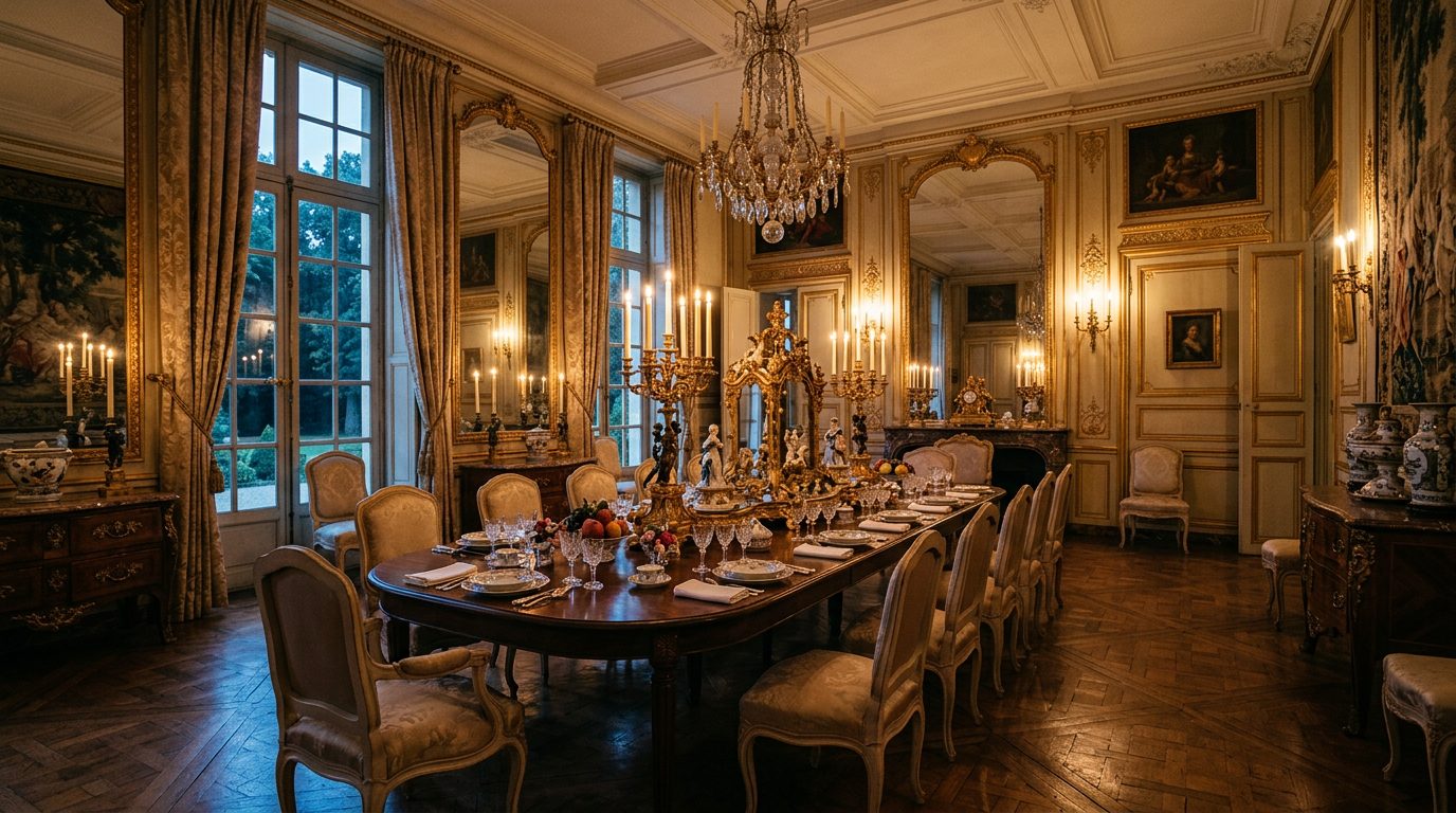 Salle à manger classique et surtout doré Salle à manger classique avec grand surtout de table en bronze doré et miroir éclairé aux bougies