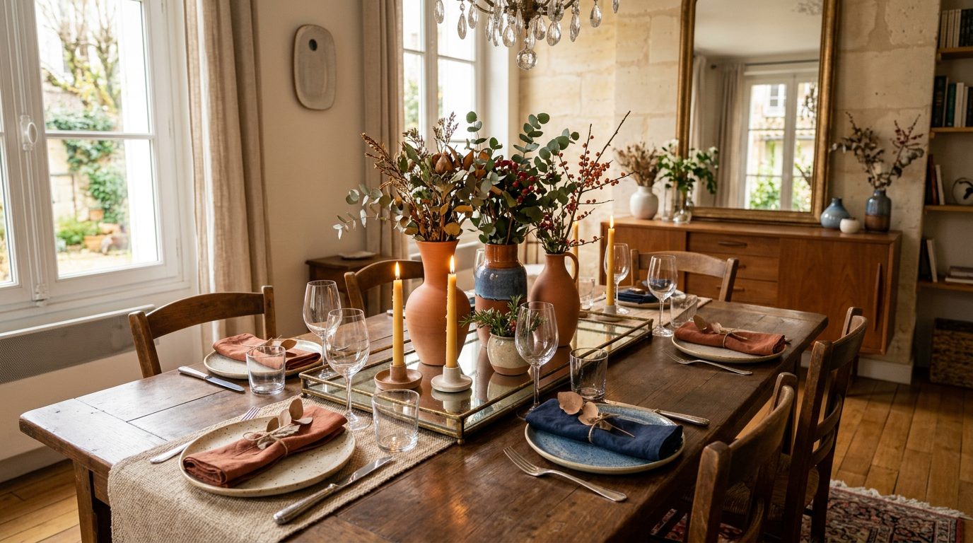 Table de fête avec surtout de table moderne Table de fête avec plateau miroir, vases en céramique terracotta et bleue et bougies dans un salon