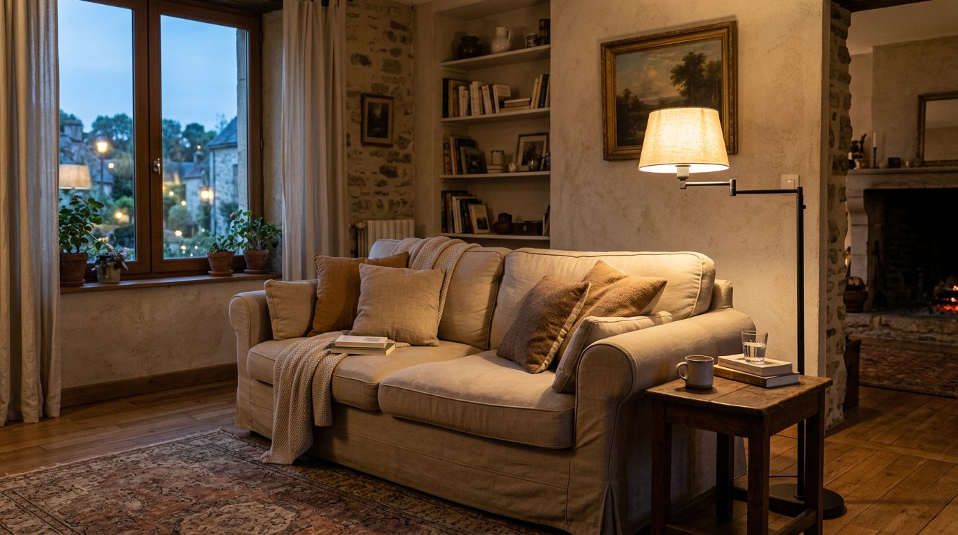 Lampe de salon sur pied allumée près du canapé Salon chaleureux avec une lampe sur pied à abat-jour en lin allumée près d'un canapé beige