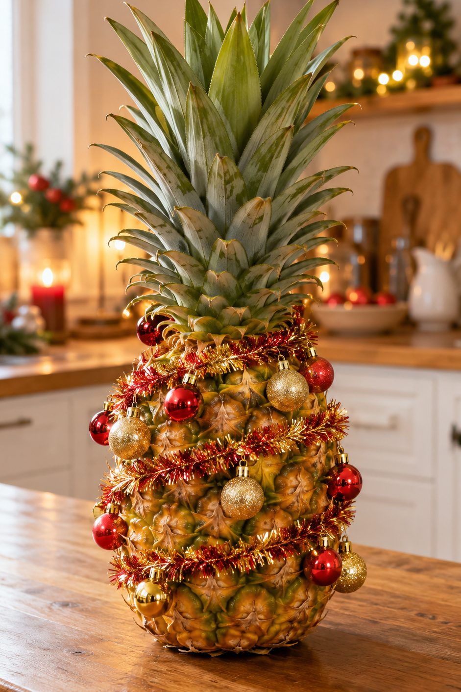 Ananas décoré en mini sapin Ananas décoré de petites boules dorées et rouges posé comme un sapin sur un meuble en bois