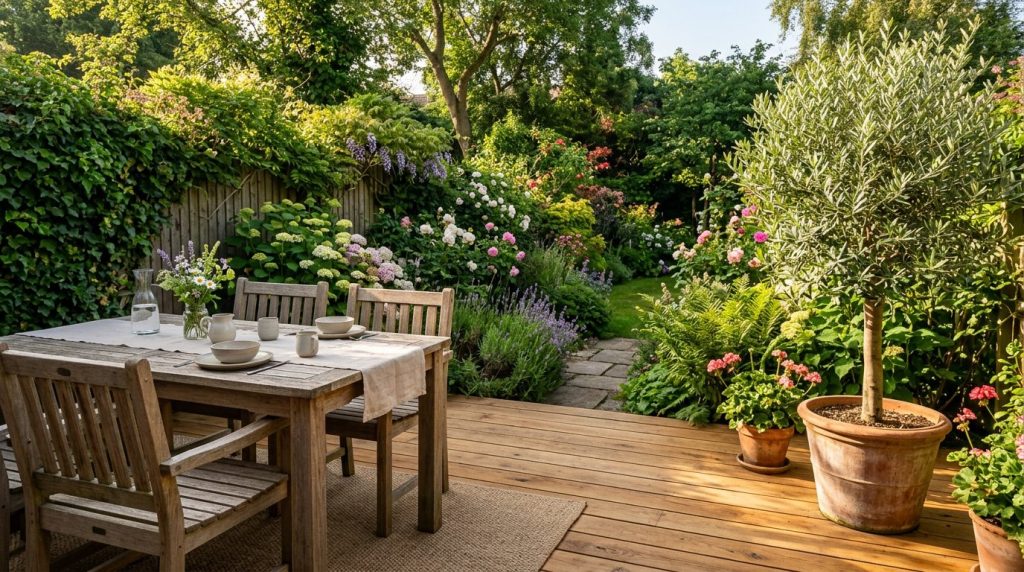 Belle terrasse en bois couleur miel avec table de repas et olivier en pot