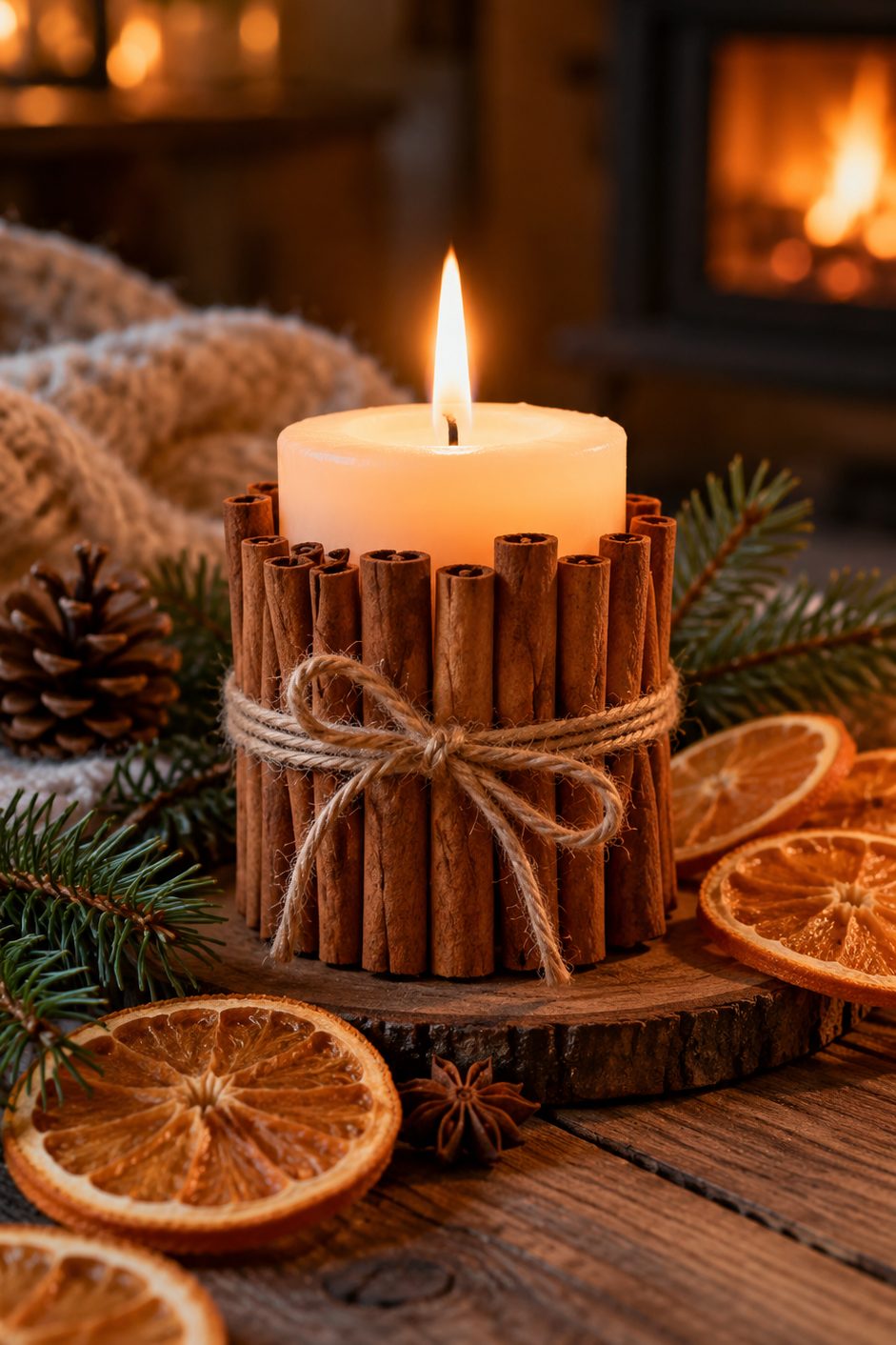 Bougie blanche et bâtons de cannelle Bougie blanche allumée entourée de bâtons de cannelle liés par de la ficelle sur une table en bois